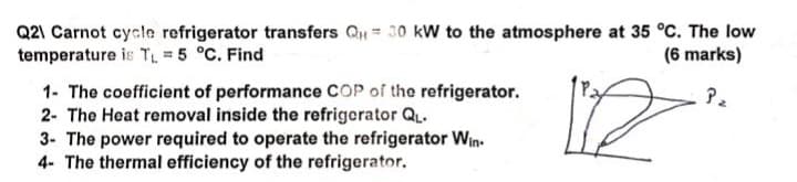 Q21 Carnot cycle refrigerator transfers Q₁ = 30 kW to the atmosphere at 35 °C. The low
temperature is T₁ = 5 °C. Find
1- The coefficient of performance COP of the refrigerator.
2- The Heat removal inside the refrigerator QL.
3- The power required to operate the refrigerator Win.
4- The thermal efficiency of the refrigerator.
112
(6 marks)
P₂