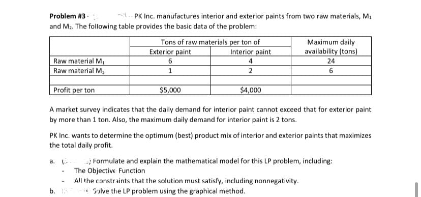 Problem #3 -
PK Inc. manufactures interior and exterior paints from two raw materials, M1
and M2. The following table provides the basic data of the problem:
Tons of raw materials per ton of
Interior paint
4
Maximum daily
Exterior paint
availability (tons)
Raw material M,
Raw material M2
24
1
2
6
Profit per ton
$5,000
$4,000
A market survey indicates that the daily demand for interior paint cannot exceed that for exterior paint
by more than 1 ton. Also, the maximum daily demand for interior paint is 2 tons.
PK Inc. wants to determine the optimum (best) product mix of interior and exterior paints that maximizes
the total daily profit.
-; Formulate and explain the mathematical model for this LP problem, including:
a.
The Objective Function
All the constr aints that the solution must satisfy, including nonnegativity.
b.
ie Solve the LP problem using the graphical method.
