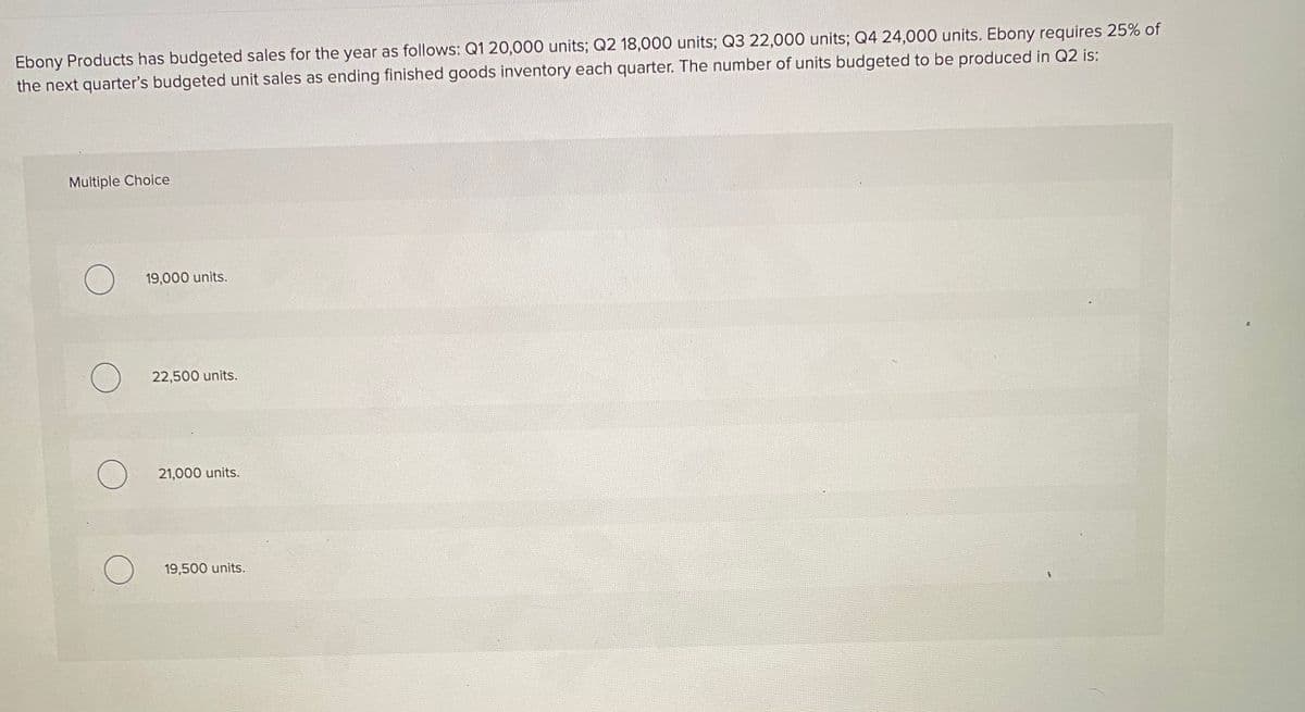 Ebony Products has budgeted sales for the year as follows: Q1 20,000 units; Q2 18,000 units; Q3 22,000 units; Q4 24,000 units. Ebony requires 25% of
the next quarter's budgeted unit sales as ending finished goods inventory each quarter. The number of units budgeted to be produced in Q2 is:
Multiple Choice
19,000 units.
22,500 units.
21,000 units.
19,500 units.
