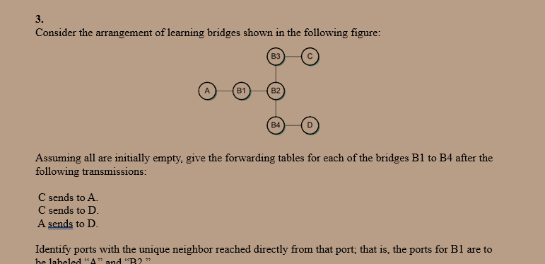 3.
Consider the arrangement of learning bridges shown in the following figure:
B1
C sends to A.
C sends to D.
A sends to D.
B3
B2
B4
Assuming all are initially empty, give the forwarding tables for each of the bridges B1 to B4 after the
following transmissions:
Identify ports with the unique neighbor reached directly from that port; that is, the ports for B1 are to
he labeled "A" and "B2"