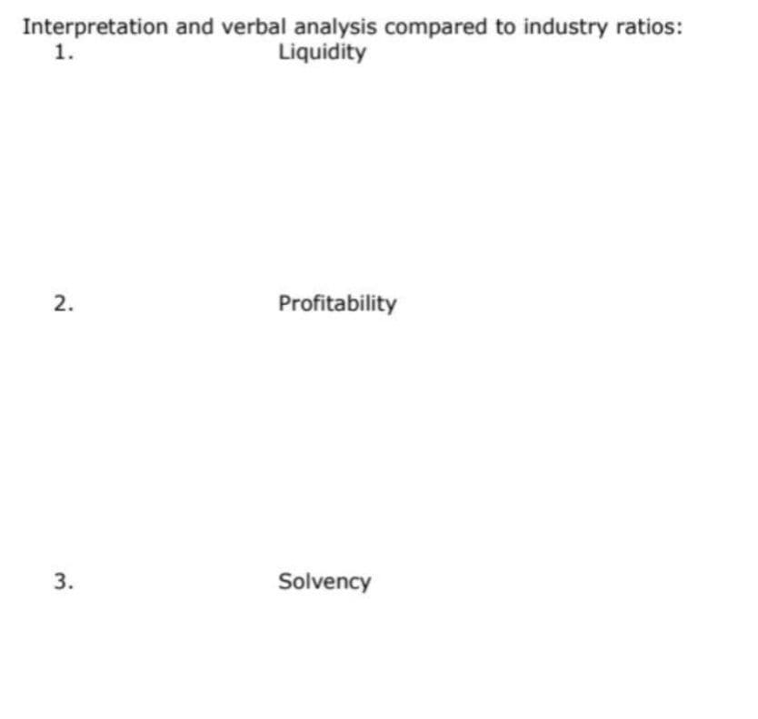 Interpretation and verbal analysis compared to industry ratios:
1.
Liquidity
Profitability
3.
Solvency
2.
