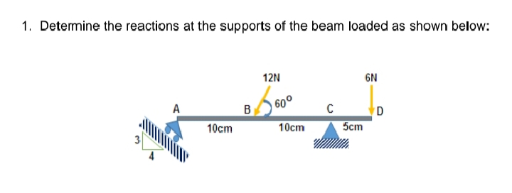 1. Determine the reactions at the supports of the beam loaded as shown below:
4
A
10cm
12N
5600
B
10cm
C
5cm
6N
D