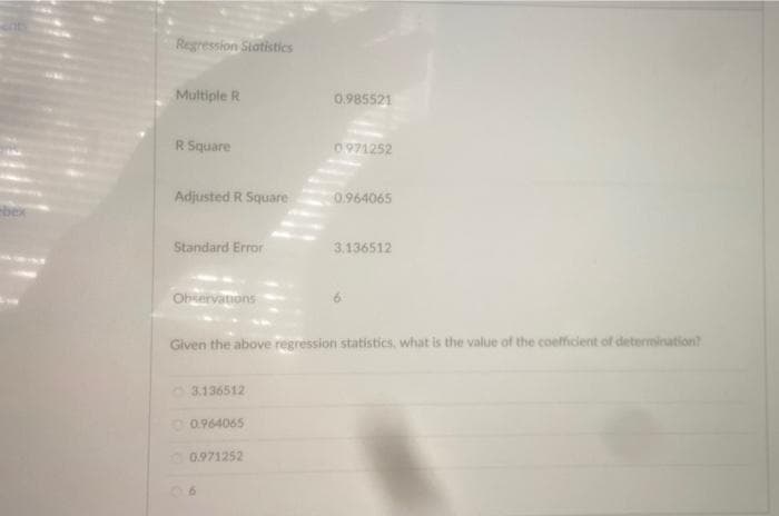 bex
Regression Statistics
Multiple R
R Square
Adjusted R Square
Standard Error
Observations
3.136512
0.964065
0.985521
0.971252
0971252
Given the above regression statistics, what is the value of the coefficient of determination?
0.964065
3.136512