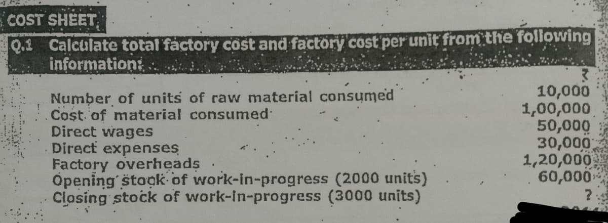 COST SHEET
Q.1 Calculate total factory cost and factory cost per unit from the following
information:...
Number of units of raw material consumed
Cost of material consumed.
Direct wages
Direct expenses
Factory overheads
Opening stock of work-in-progress (2000 units)
Closing stock of work-in-progress (3000 units)
3
10,000
1,00,000
50,000
30,000
1,20,000
60,000
?