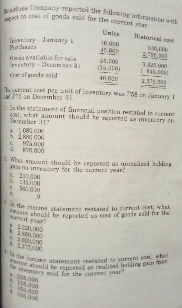 Roundtree Company reported the following information with
respect to cost of goods sold for the current year:
Units
Historical cost
10,000
530,000
Inventory - January 1
Purchases
45,000
2,790,000
55,000
3,320,000
Goods available for sale
Inventory - December 31
(15,000)
( 945,000)
40,000
2,375,000
Cost of goods sold
The current cost per unit of inventory was P58 on January 1
and P72 on December 31.
1. In the statement of financial position restated to current
cost, what amount should be reported as inventory on
December 31?
a. 1,080,000
b. 2,880,000
C.
975,000
870,000
d.
2 What amount should be reported as unrealized holding
gain on inventory for the current year?
a. 210,000
b. 135,000
C. 560,000
d.
0
3. In the income statement restated to current cost, what
amount should be reported as cost of goods sold for the
current year?
a. 2,320,000
b. 2,880,000
C. 2,600,000
d. 2,375,000
4 In the income statement restated to current cost, what
the inventory sold for the current year?
amount should be reported as realized holding gain from
a 225,000
b. 135,000
C. 350,000
d. 505,000