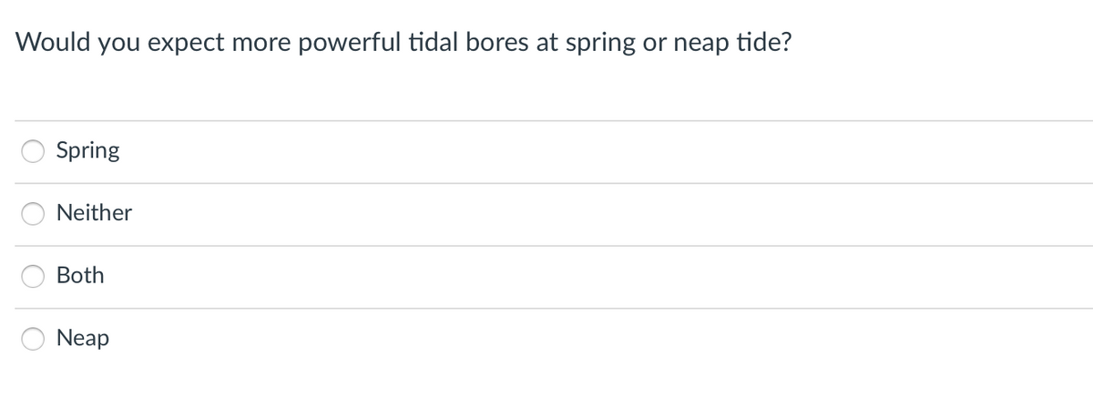 Would you expect more powerful tidal bores at spring
or neap tide?
Spring
Neither
Both
Neap
