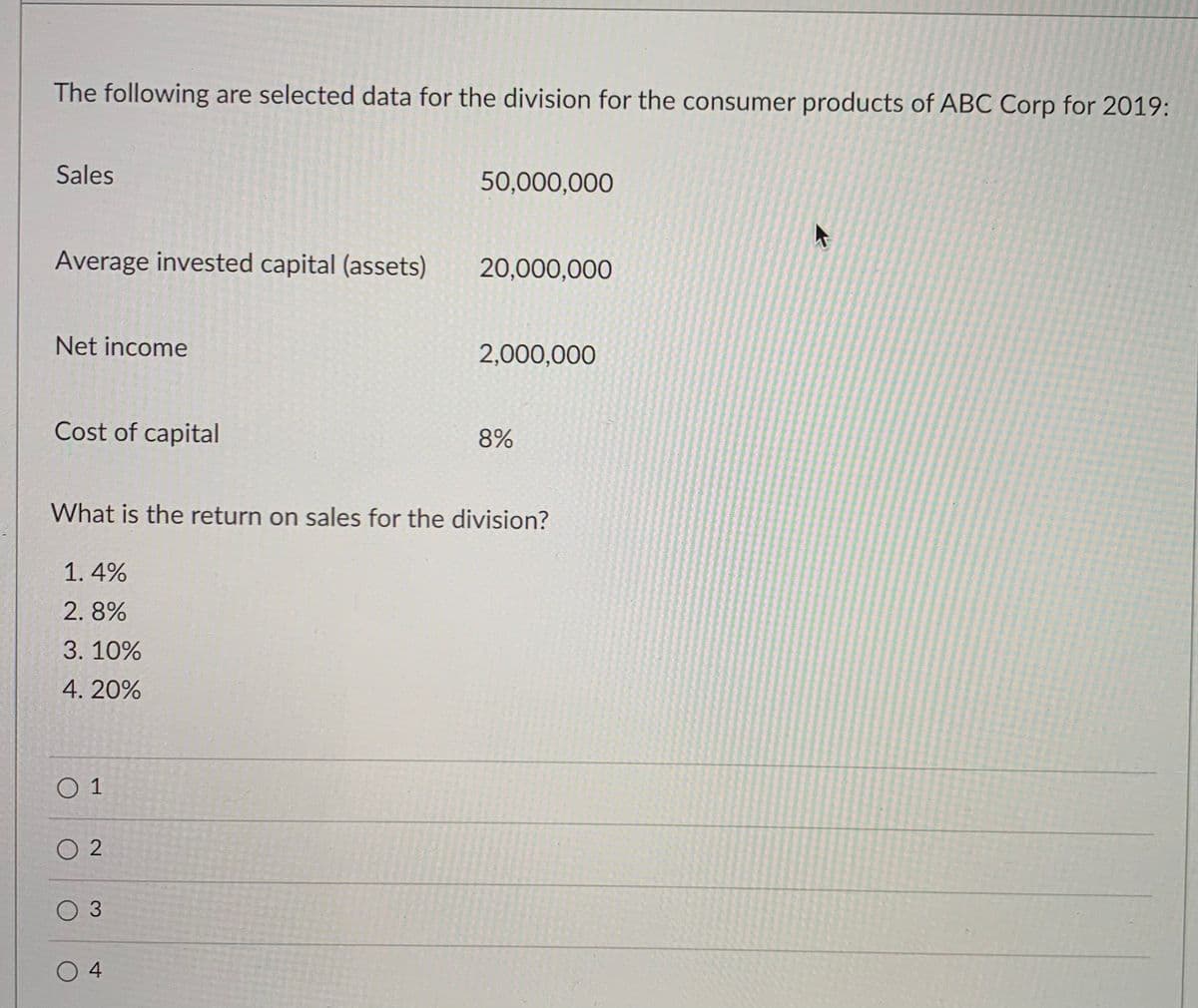 The following are selected data for the division for the consumer products of ABC Corp for 2019:
Sales
50,000,000
Average invested capital (assets)
20,000,000
Net income
2,000,000
Cost of capital
8%
What is the return on sales for the division?
1.4%
2. 8%
3.10%
4. 20%
О1
O 2
O 4
3.
