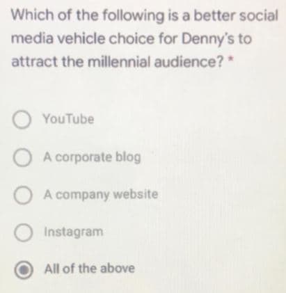 Which of the following is a better social
media vehicle choice for Denny's to
attract the millennial audience?
YouTube
O A corporate blog
A company website
Instagram
All of the above
DOO
