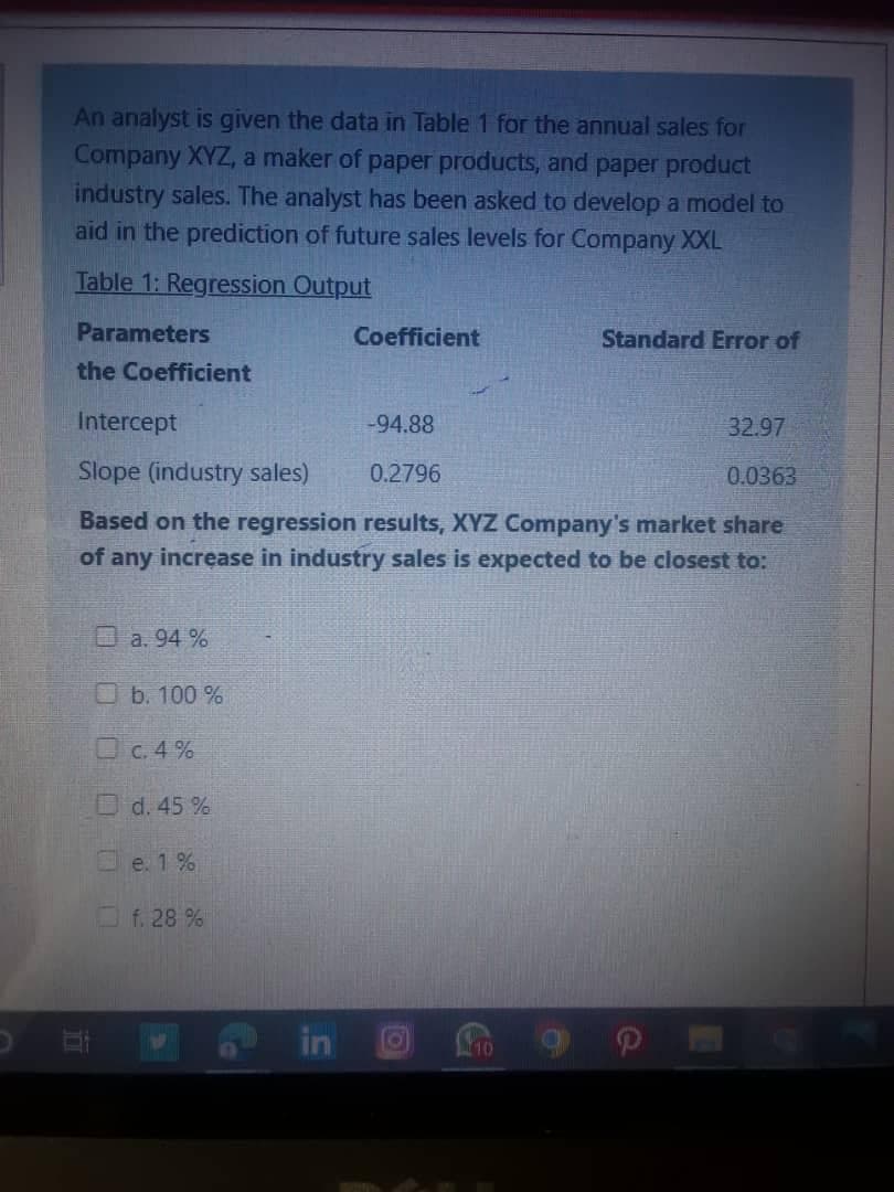 An analyst is given the data in Table 1 for the annual sales for
Company XYZ, a maker of paper products, and paper product
industry sales. The analyst has been asked to develop a model to
aid in the prediction of future sales levels for Company XXL
Table 1: Regression Output
Parameters
the Coefficient
Intercept
-94.88
32.97
Slope (industry sales)
0.2796
0.0363
Based on the regression results, XYZ Company's market share
of any increase in industry sales is expected to be closest to:
a. 94%
b. 100 %
c.4%
O d. 45 %
e. 1 %
f. 28 %
Coefficient
O
10
Standard Error of