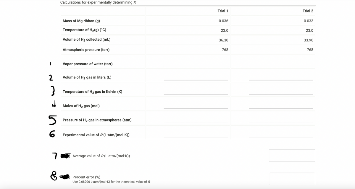 2
3
↓
5
6
7
Calculations for experimentally determining R
Mass of Mg ribbon (g)
Temperature of H₂(g) (°C)
Volume of H₂ collected (mL)
Atmospheric pressure (torr)
Vapor pressure of water (torr)
Volume of H2 gas in liters (L)
Temperature of H₂ gas in Kelvin (K)
Moles of H₂ gas (mol)
Pressure of H₂ gas in atmospheres (atm)
Experimental value of R (L-atm/(mol.K))
Average value of R (L.atm/(mol-K))
Percent error (%)
Use 0.08206 L'atm/(mol·K) for the theoretical value of R
Trial 1
0.036
23.0
36.30
768
Trial 2
0.033
23.0
33.90
768