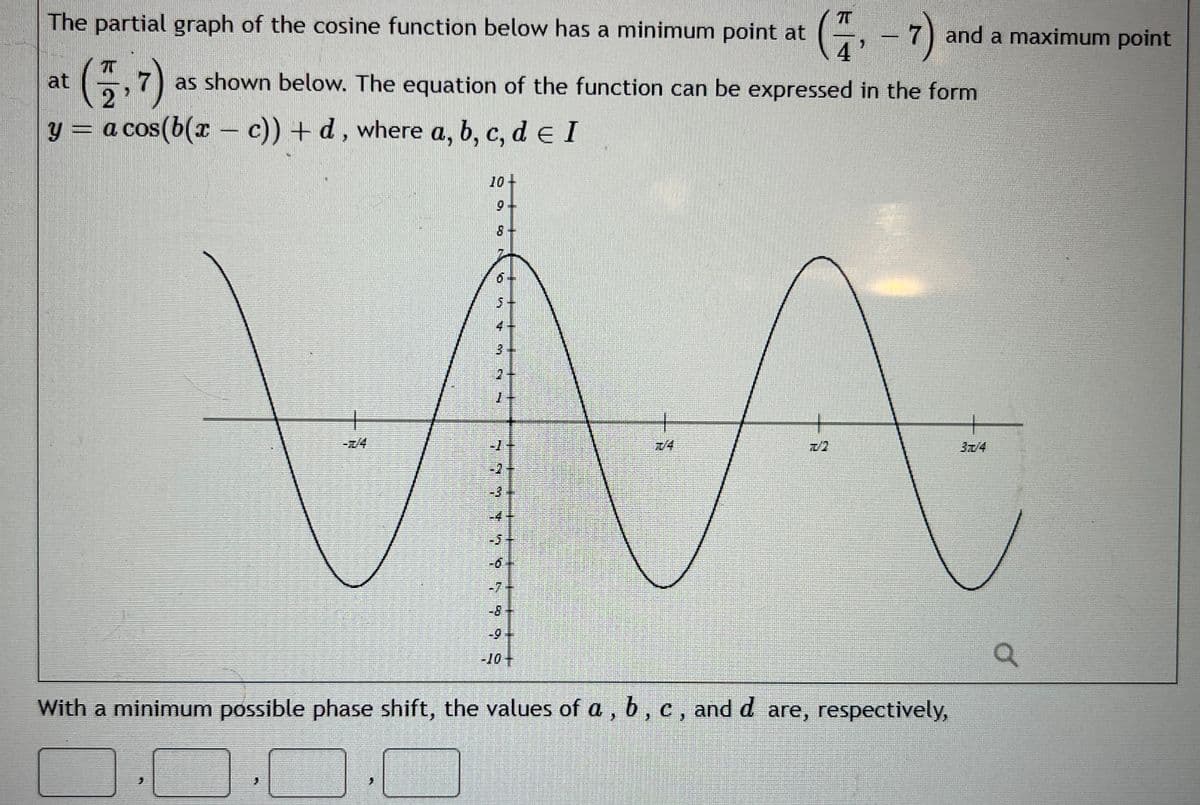 The partial graph of the cosine function below has a minimum point at (7-7)
(1,7) as shown below. The equation of the function can be expressed in the form
at
y = a cos(b(x - c))+d, where a, b, c, d e I
10+
+
8
5
AV
-5
and a maximum point
With a minimum possible phase shift, the values of a, b, c, and d are, respectively,
37/4