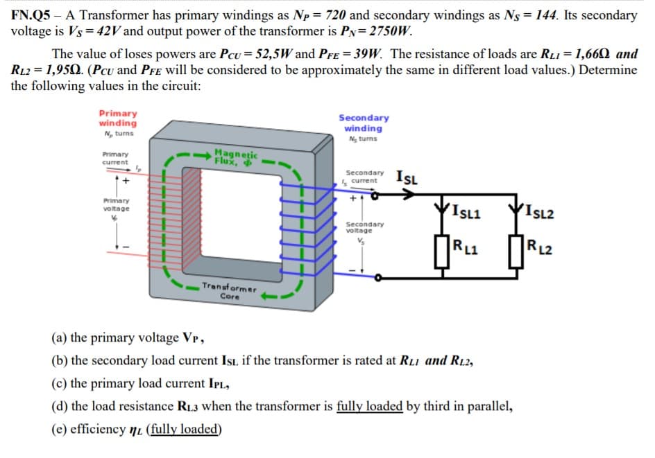 FN.Q5 – A Transformer has primary windings as Np = 720 and secondary windings as Ns = 144. Its secondary
voltage is Vs = 42V and output power of the transformer is PN= 2750W.
The value of loses powers are Pcu = 52,5W and Pre = 39W. The resistance of loads are RLI = 1,660 and
R12 = 1,950. (Pcu and PFE will be considered to be approximately the same in different load values.) Determine
the following values in the circuit:
Primary
winding
Secondary
winding
N, turns
Ng turns
Magnetic
Flux,
Primary
current
ISL
Secondary
4 current
Primary
voltage
ISL1
(ISL2
Secondary
voltage
RL1
R12
Transformer
Core
(a) the primary voltage VP,
(b) the secondary load current Isı, if the transformer is rated at RLI and R12,
(c) the primary load current IpL,
(d) the load resistance R13 when the transformer is fully loaded by third in parallel,
(e) efficiency n (fully loaded)
