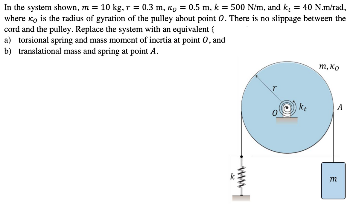 0.5 m, k = 500 N/m, and k = 40 N.m/rad,
In the system shown, m = 10 kg, r = 0.3 m, Ko
where ko is the radius of gyration of the pulley about point 0. There is no slippage between the
cord and the pulley. Replace the system with an equivalent {
a) torsional spring and mass moment of inertia at point 0, and
b) translational mass and spring at point A.
т, Ко
kt
А
k
m
ww
