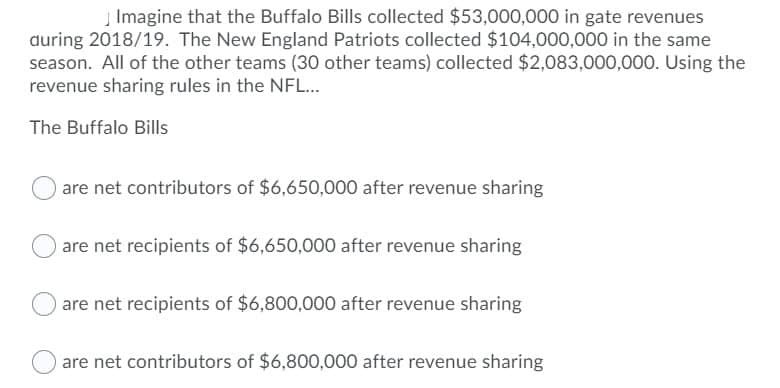 Imagine that the Buffalo Bills collected $53,000,000 in gate revenues
during 2018/19. The New England Patriots collected $104,000,000 in the same
season. All of the other teams (30 other teams) collected $2,083,000,000. Using the
revenue sharing rules in the NFL...
The Buffalo Bills
are net contributors of $6,650,000 after revenue sharing
are net recipients of $6,650,000 after revenue sharing
are net recipients of $6,800,000 after revenue sharing
are net contributors of $6,800,000 after revenue sharing