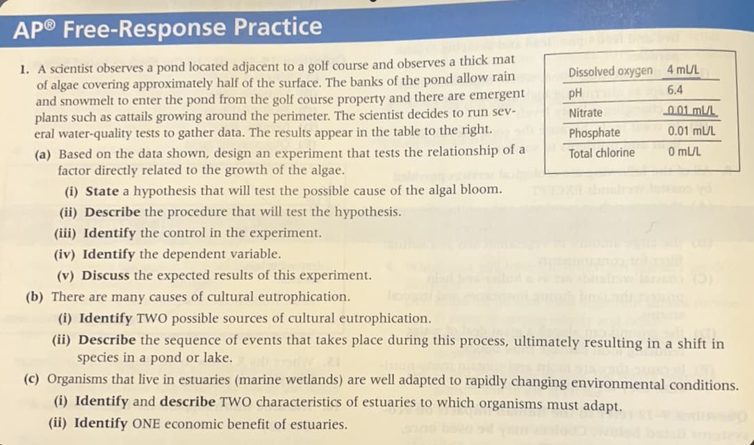 AP®
Free-Response Practice
1. A scientist observes a pond located adjacent to a golf course and observes a thick mat
of algae covering approximately half of the surface. The banks of the pond allow rain
and snowmelt to enter the pond from the golf course property and there are emergent
plants such as cattails growing around the perimeter. The scientist decides to run sev-
eral water-quality tests to gather data. The results appear in the table to the right.
Dissolved oxygen 4 ml/L
6.4
PH
Nitrate
Phosphate
Total chlorine
0.01 mU/L
0.01 mL/L
0 mL/L
(a) Based on the data shown, design an experiment that tests the relationship of a
factor directly related to the growth of the algae.
(i) State a hypothesis that will test the possible cause of the algal bloom.
(ii) Describe the procedure that will test the hypothesis.
(iii) Identify the control in the experiment.
(iv) Identify the dependent variable.
(v) Discuss the expected results of this experiment.
(b) There are many causes of cultural eutrophication.
(i) Identify TWO possible sources of cultural eutrophication.
(ii) Describe the sequence of events that takes place during this process, ultimately resulting in a shift in
species in a pond or lake.
(c) Organisms that live in estuaries (marine wetlands) are well adapted to rapidly changing environmental conditions.
(i) Identify and describe TWO characteristics of estuaries to which organisms must adapt.
(ii) Identify ONE economic benefit of estuaries.