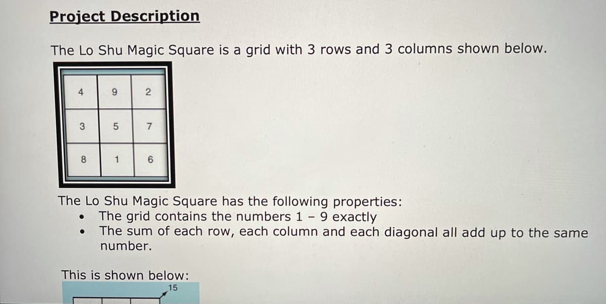 Project Description
The Lo Shu Magic Square is a grid with 3 rows and 3 columns shown below.
4
8
1
The Lo Shu Magic Square has the following properties:
The grid contains the numbers 1 – 9 exactly
The sum of each row, each column and each diagonal all add up to the same
number.
This is shown below:
15
