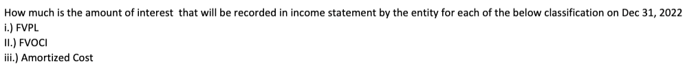 How much is the amount of interest that will be recorded in income statement by the entity for each of the below classification on Dec 31, 2022
i.) FVPL
II.) FVOCI
iii.) Amortized Cost