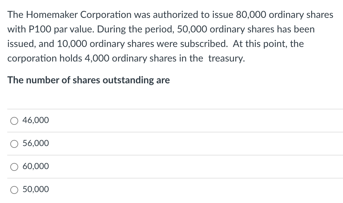 The Homemaker Corporation was authorized to issue 80,000 ordinary shares
with P100 par value. During the period, 50,000 ordinary shares has been
issued, and 10,000 ordinary shares were subscribed. At this point, the
corporation holds 4,000 ordinary shares in the treasury.
The number of shares outstanding are
46,000
56,000
60,000
50,000