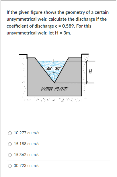 If the given figure shows the geometry of a certain
unsymmetrical weir, calculate the discharge if the
coefficient of discharge c = 0.589. For this
unsymmetrical weir, let H = 3m.
40 30
WER FLATE
10.277 cu.m/s
15.188 cu.m/s
O 15.362 cu.m/s
30.723 cu.m/s
