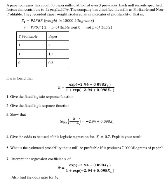 A paper company has about 50 paper mills distributed over 3 provinces. Each mill records specified
factors that contribute to its profitability. The company has classified the mills as Profitable and Non-
Profitable. They recorded paper weight produced as an indicator of profitability. That is,
X₁ = PAPER (weight in 10000 kilograms)
Y = PROF (1 = profitable and 0 = not profitable)
Y Profitable
1
1
0
It was found that
Paper
2
1.5
0.8
ît=
exp(-2.94 + 0.098X₁)
1 + exp(-2.94 +0.098X₁)
1. Give the fitted logistic response function.
2. Give the fitted logit response function
3. Show that
ft
loge € (₁^²) = = -2.94 + 0.098X₁
4. Give the odds to be used of this logistic regression for X₁ = 0.7. Explain your result.
5. What is the estimated probability that a mill be profitable if it produces 7 000 kilograms of paper?
7. Interpret the regression coefficients of
ît=
Also find the odds ratio for b₁.
exp(-2.94 + 0.098X₁)
1 + exp(-2.94 +0.098X₁)