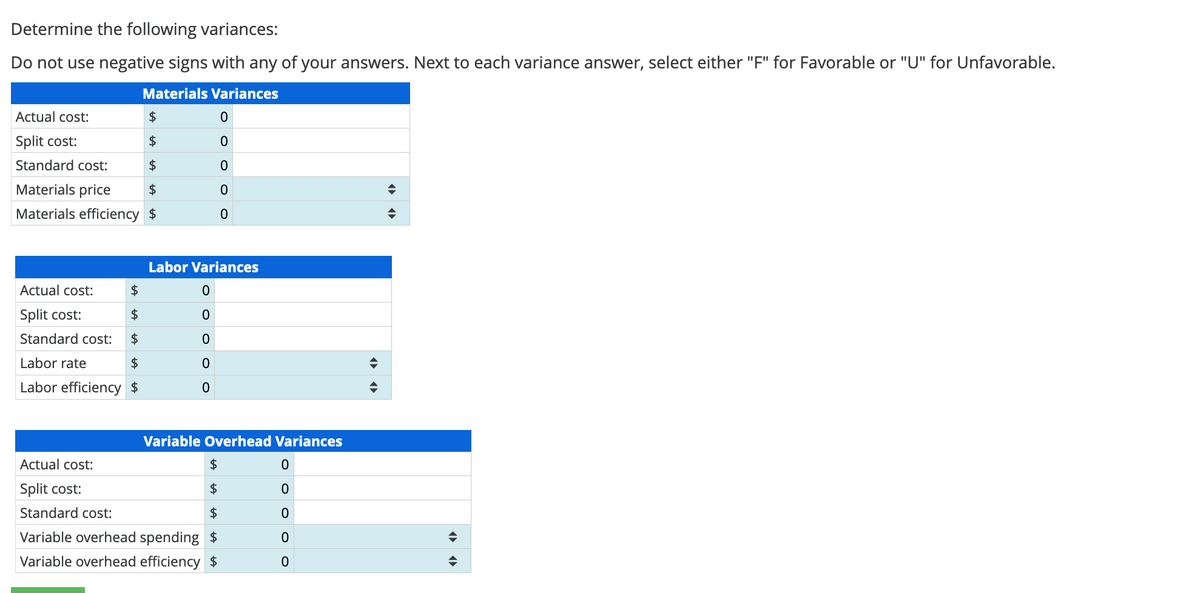 Determine the following variances:
Do not use negative signs with any of your answers. Next to each variance answer, select either "F" for Favorable or "U" for Unfavorable.
Materials Variances
Actual cost:
$
0
Split cost:
$
0
Standard cost:
$
0
Materials price
$
0
Materials efficiency $
0
Labor Variances
Actual cost:
$
0
Split cost:
$
0
Standard cost: $
0
Labor rate
$
0
Labor efficiency $
0
Variable Overhead Variances
Actual cost:
$
0
Split cost:
$
Standard cost:
$
Variable overhead spending $
Variable overhead efficiency $
O O O O
0
◆