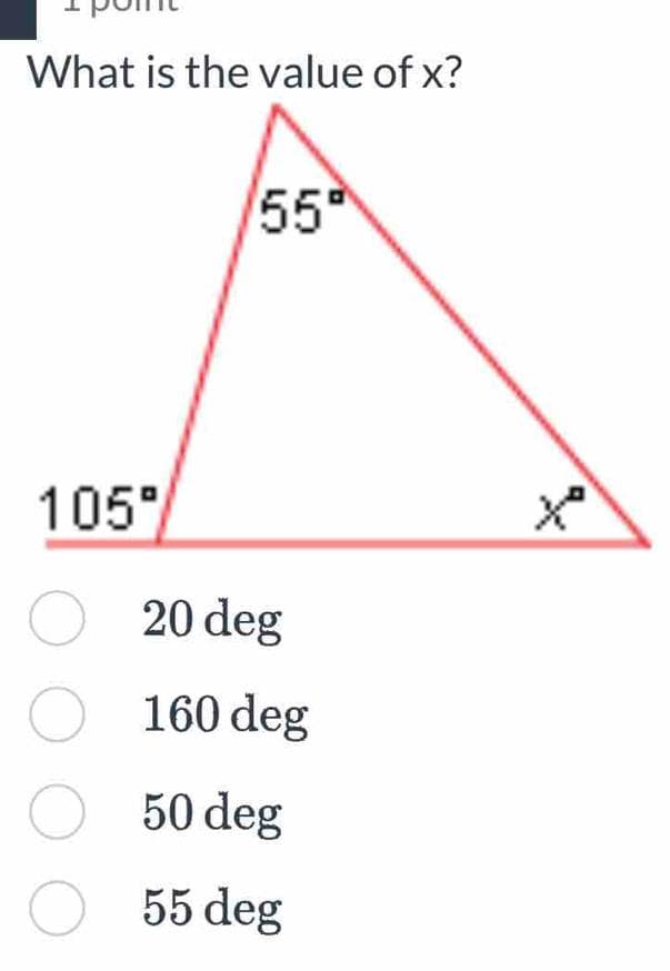 What is the value of x?
105°
O
O
O
O
55°
20 deg
160 deg
50 deg
55 deg
to