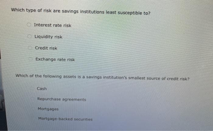 Which type of risk are savings institutions least susceptible to?
Interest rate risk
Liquidity risk
Credit risk
Exchange rate risk
Which of the following assets is a savings institution's smallest source of credit risk?
Cash
Repurchase agreements
Mortgages
Mortgage-backed securities
