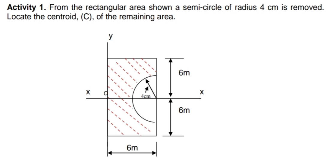 Activity 1. From the rectangular area shown a semi-circle of radius 4 cm is removed.
Locate the centroid, (C), of the remaining area.
y
6m
4cm
6m
6m
