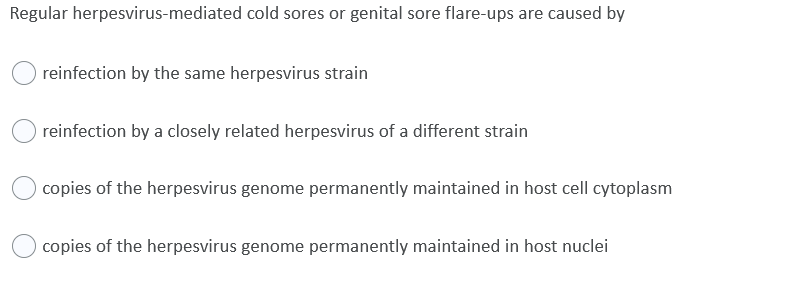 Regular herpesvirus-mediated cold sores or genital sore flare-ups are caused by
reinfection by the same herpesvirus strain
reinfection by a closely related herpesvirus of a different strain
copies of the herpesvirus genome permanently maintained in host cell cytoplasm
copies of the herpesvirus genome permanently maintained in host nuclei
