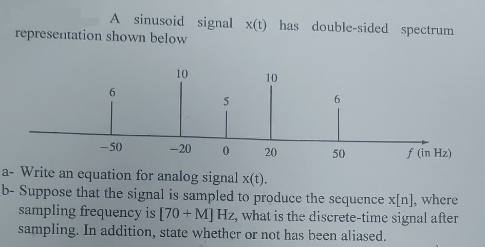 A sinusoid signal x(t) has double-sided spectrum
representation shown below
6
10
-50
5
-20
10
0
a- Write an equation for analog signal x(t).
b- Suppose that the signal is sampled to produce the sequence x[n], where
sampling frequency is [70+ M] Hz, what is the discrete-time signal after
sampling. In addition, state whether or not has been aliased.
6
20
50
f (in Hz)