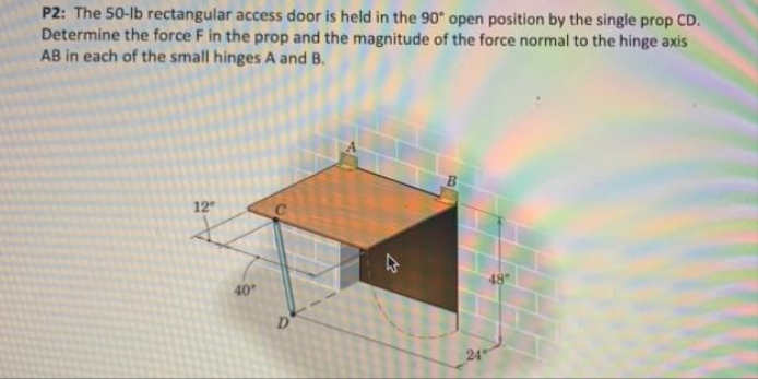 P2: The 50-lb rectangular access door is held in the 90° open position by the single prop CD.
Determine the force F in the prop and the magnitude of the force normal to the hinge axis
AB in each of the small hinges A and B.
12"
40"
D
27
B
24"
48
