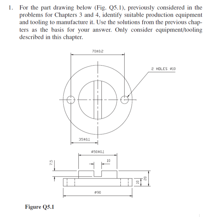 For the part drawing below (Fig. Q5.1), previously considered in the
problems for Chapters 3 and 4, identify suitable production equipment
and tooling to manufacture it. Use the solutions from the previous chap-
ters as the basis for your answer. Only consider equipment/tooling
described in this chapter.
70+0.2
2 HOLES Ø10
35+0,1
050±0,1
10
090
Figure Q5.1
02
