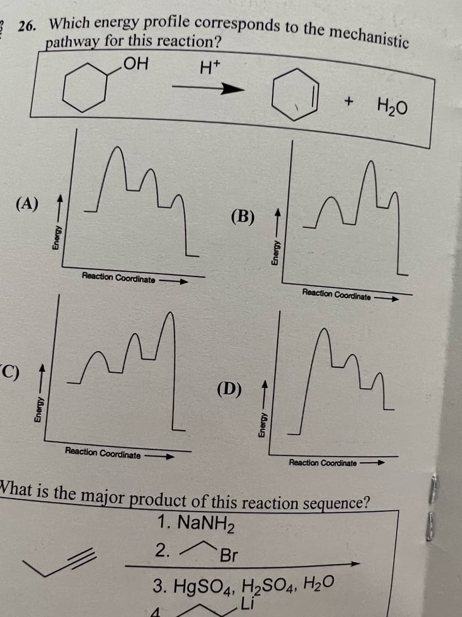 26. Which energy profile corresponds to the mechanistic
pathway for this reaction?
OH
H*
(A)
(C)
Energy
Energy->>
Reaction Coordinate
my
Reaction Coordinate
(B)
(D)
Energy
Energy
+ H₂O
my
Reaction Coordinate
M
Reaction Coordinate
What is the major product of this reaction sequence?
1. NaNH2
2.
Br
3. HgSO4, H₂SO4, H₂O