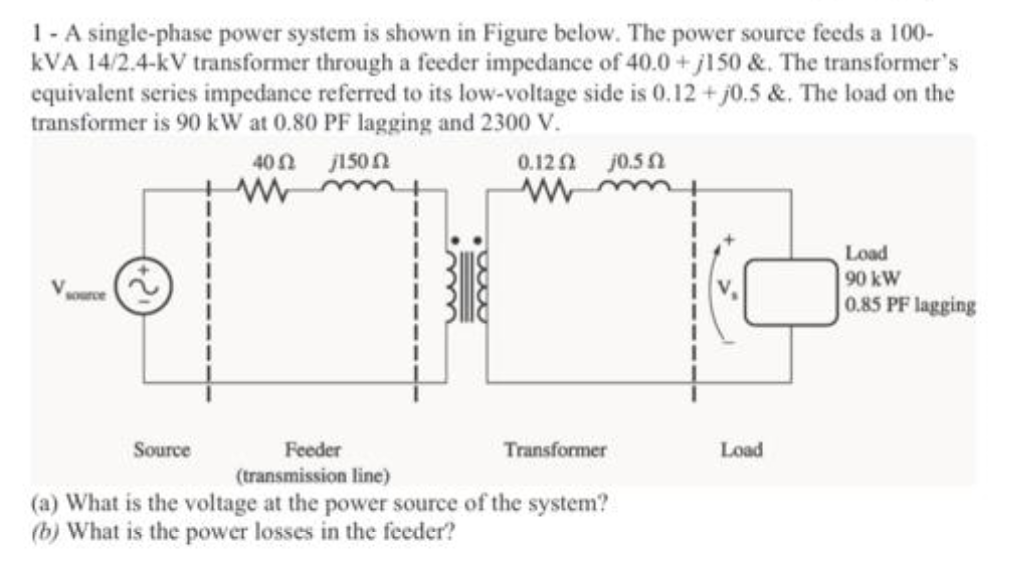 1-A single-phase power system is shown in Figure below. The power source feeds a 100-
kVA 14/2.4-kV transformer through a feeder impedance of 40.0 + j150 &. The transformer's
equivalent series impedance referred to its low-voltage side is 0.12 + j0.5 &. The load on the
transformer is 90 kW at 0.80 PF lagging and 2300 V.
40n j150n
0.12n j0.5n
Load
90 kW
0.85 PF lagging
source
Source
Feeder
Transformer
Load
(transmission line)
(a) What is the voltage at the power source of the system?
(b) What is the power losses in the feeder?
