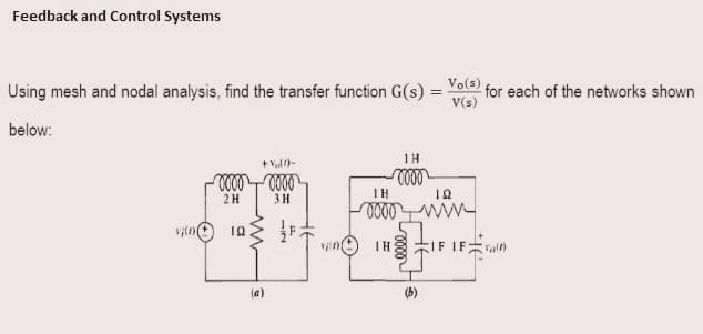 Feedback and Control Systems
Using mesh and nodal analysis, find the transfer function G(s) = Yo for each of the networks shown
V(s)
below:
1H
+ V)-
TH
2H
3H
IH
vain
IF
(a)
