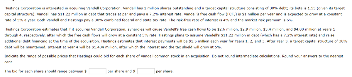Hastings Corporation is interested in acquiring Vandell Corporation. Vandell has 1 million shares outstanding and a target capital structure consisting of 30% debt; its beta is 1.55 (given its target
capital structure). Vandell has $11.22 million in debt that trades at par and pays a 7.2% interest rate. Vandell's free cash flow (FCF0) is $1 million per year and is expected to grow at a constant
rate of 5% a year. Both Vandell and Hastings pay a 30% combined federal and state tax rate. The risk-free rate of interest is 4% and the market risk premium is 6%.
Hastings Corporation estimates that if it acquires Vandell Corporation, synergies will cause Vandell's free cash flows to be $2.6 million, $2.9 million, $3.4 million, and $4.00 million at Years 1
through 4, respectively, after which the free cash flows will grow at a constant 5% rate. Hastings plans to assume Vandell's $11.22 million in debt (which has a 7.2% interest rate) and raise
additional debt financing at the time of the acquisition. Hastings estimates that interest payments will be $1.5 million each year for Years 1, 2, and 3. After Year 3, a target capital structure of 30%
debt will be maintained. Interest at Year 4 will be $1.434 million, after which the interest and the tax shield will grow at 5%.
Indicate the range of possible prices that Hastings could bid for each share of Vandell common stock in an acquisition. Do not round intermediate calculations. Round your answers to the nearest
cent.
The bid for each share should range between $
per share and $
per share.
