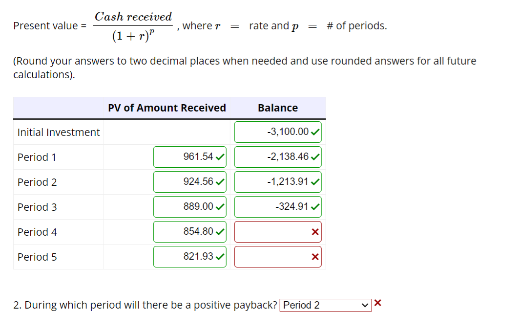 Present value =
Initial Investment
Period 1
Period 2
(Round your answers to two decimal places when needed and use rounded answers for all future
calculations).
Period 3
Cash received
(1 + r)²
Period 4
Period 5
where r = rate and p
PV of Amount Received
961.54✔
924.56 ✔
889.00✔
854.80✔
821.93✔
=
Balance
-3,100.00✔
-2,138.46✔
-1,213.91✔
-324.91 ✓
X
X
# of periods.
2. During which period will there be a positive payback? Period 2