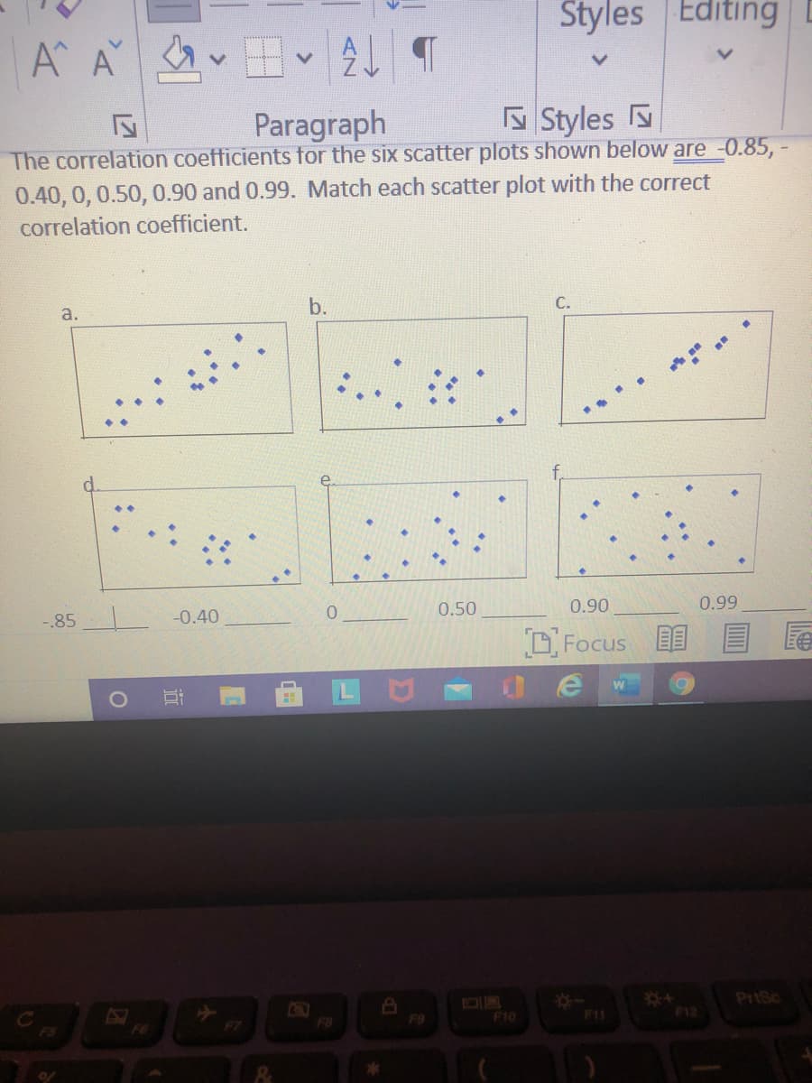Styles Editing
A A
2し
Paragraph
The correlation coefficients for the six scatter plots shown below are -0.85, -
N Styles N
0.40, 0, 0.50, 0.90 and 0.99. Match each scatter plot with the correct
correlation coefficient.
a.
b.
C.
-.85
-0.40
0.50
0.90
0.99
DFocus E
F7
FB
F9
F10
F11
F12
