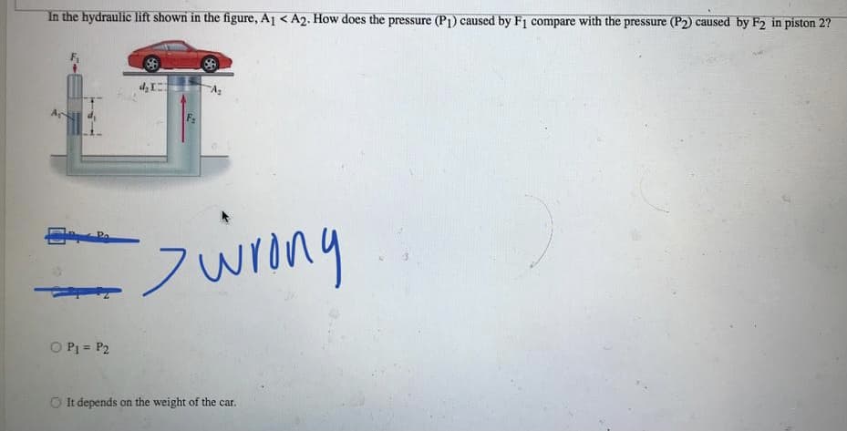 In the hydraulic lift shown in the figure, A1 < A2. How does the pressure (P1) caused by F1 compare with the pressure (P2) caused by F2 in piston 2?
Pa
Jwrong
O P1 = P2
O It depends on the weight of the car.
