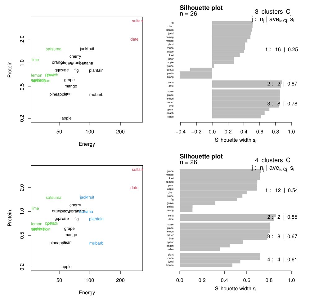 Protein
Protein
2.0
1.0
0.5
0.2
2.0
1.0
0.5
0.2
lime
satsuma
lime
emon ppeach
apamiyon
cherry
orangekweigranatmana
gupavane fig
pineapplear
50
satsuma
grape
mango
apple
emon ppeach
aperinneton
grape
mango
pineapplear
50
jackfruit
apple
plantain
cherry
orangekwigranatenana
gupavane fig plantain
rhubarb
100
Energy
jackfruit
rhubarb
100
Energy
200
200
sultan
date
sultar
date
fig
cherr
banan
jackt
pomeg
mango
plant
rhubal
grape
kiwi
pear
apple
prune
guava
pineal
orang
sulta
date
straw
grape
lemon
water
lime
ppear
peach
salsu
grape
mango
kiwi
pomeg
pear
apple
cherr
prune
fig
guava
pineal
orang
sulta
date
straw
grape
lemon
water
lime
ppear
peach
satsu
plant
rhuba
jackt
banan
Silhouette plot
n = 26
-0.4 -0.2
Silhouette plot
n = 26
0.0
0.2
3 clusters C₁
j: nj | avei=cj Si
0.0 0.2 0.4 0.6
Silhouette width si
1: 16 | 0.25
0.4
0.6
Silhouette width si
2: 2 0.87
3 8 0.78
0.8 1.0
4 clusters C₁
j: nj | avei=cj Si
1: 12 | 0.54
2: 2 | 0.85
3: 8 0.67
4: 4 0.61
0.8
1.0