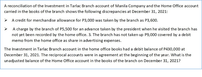 A reconciliation of the Investment in Tarlac Branch account of Manila Company and the Home Office account
carried in the books of the branch shows the following discrepancies at December 31, 2021:
> A credit for merchandise allowance for P3,000 was taken by the branch as P3,600.
> A charge by the branch of P5,500 for an advance taken by the president when he visited the branch has
not yet been recorded by the home office. 3. The branch has not taken up P9,000 covered by a debit
memo from the home office as share in advertising expenses.
The Investment in Tarlac Branch account in the home office books had a debit balance of P430,000 at
December 31, 2021. The reciprocal accounts were in agreement at the beginning of the year. What is the
unadjusted balance of the Home Office account in the books of the branch on December 31, 2021?
