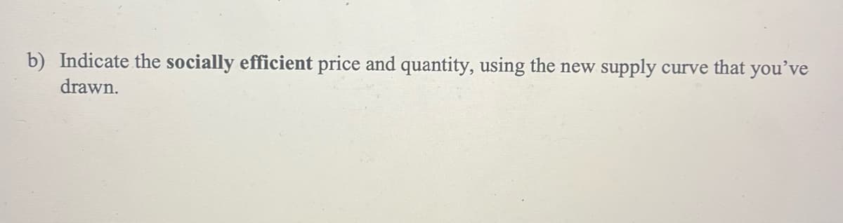 b) Indicate the socially efficient price and quantity, using the new supply curve that you've
drawn.