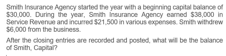 Smith Insurance Agency started the year with a beginning capital balance of
$30,000. During the year, Smith Insurance Agency earned $38,000 in
Service Revenue and incurred $21,500 in various expenses. Smith withdrew
$6,000 from the business.
After the closing entries are recorded and posted, what will be the balance
of Smith, Capital?