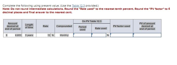 Complete the following using present value. (Use the Table 12.3 provided.)
Note: Do not round Intermediate calculations. Round the "Rate used" to the nearest tenth percent. Round the "PV factor" to 4
decimal places and final answer to the nearest cent.
Amount
desired at
end of period
S
9,900
Length
of time
3 years
Rate
Compounded
12 % Monthly
On PV Table 12.3
Period
used
Rate used
96
PV factor used
PV of amount
desired at
end of period