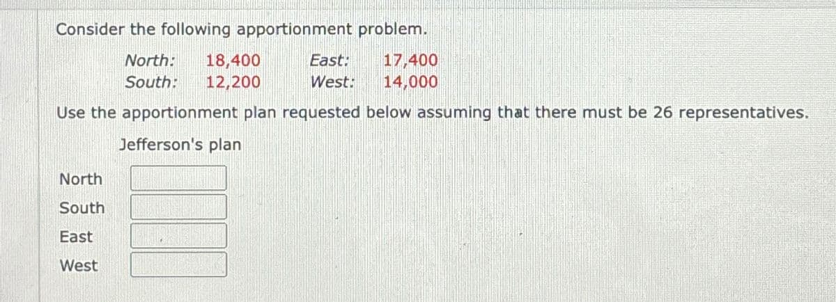 Consider the following apportionment problem.
North: 18,400
South: 12,200
East:
West:
Use the apportionment plan requested below assuming that there must be 26 representatives.
Jefferson's plan
North
South
East
West
17,400
14,000