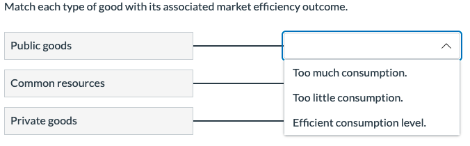 Match each type of good with its associated market efficiency outcome.
Public goods
Common resources
Private goods
Too much consumption.
Too little consumption.
Efficient consumption level.