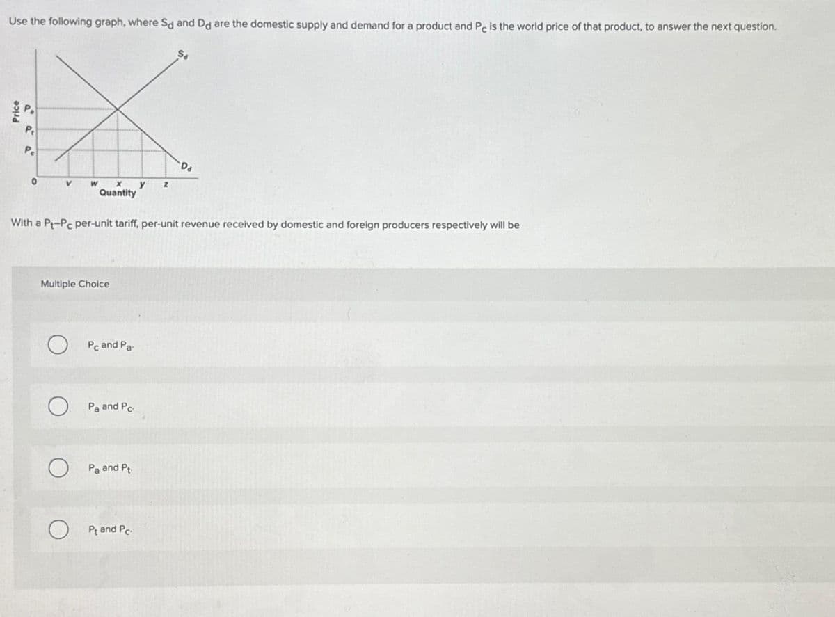 Use the following graph, where Sd and Dd are the domestic supply and demand for a product and Pc is the world price of that product, to answer the next question.
X
Pe
V
W
Quantity
Price
e or
0
Multiple Choice
O
With a Pt-Pc per-unit tariff, per-unit revenue received by domestic and foreign producers respectively will be
Pc and Pa.
Pa and Pc
Pa and Pt
y
Pt and Pc-
Z
Da