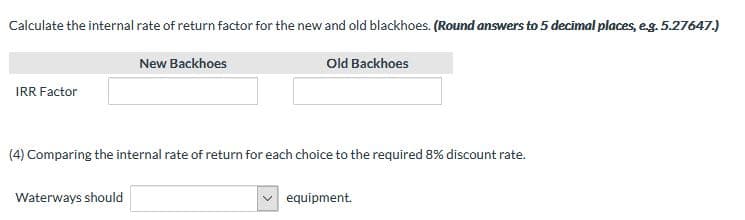 Calculate the internal rate of return factor for the new and old blackhoes. (Round answers to 5 decimal places, e.g. 5.27647.)
New Backhoes
Old Backhoes
IRR Factor
(4) Comparing the internal rate of return for each choice to the required 8% discount rate.
Waterways should
equipment.
