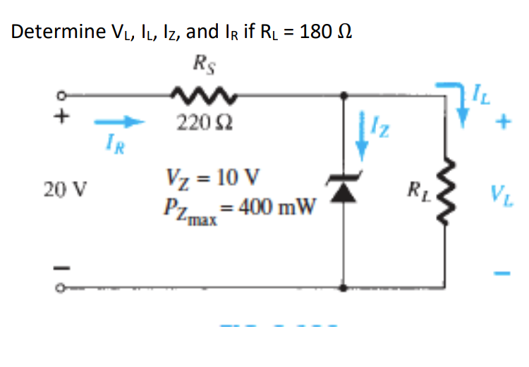 Determine VL, IL, Iz, and IR if RL = 180 N
Rs
%3D
IL
220 2
IR
Vz = 10 V
Pza= 400 mW
20 V
RL
VL
'max
