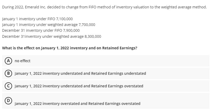 During 2022, Emerald Inc. decided to change from FIFO method of inventory valuation to the weighted average method.
January 1 inventory under FIFO 7,100,000
January 1 inventory under weighted average 7,700,000
December 31 inventory under FIFO 7,900,000
December 31inventory under weighted average 8,300,000
What is the effect on January 1, 2022 inventory and on Retained Earnings?
(A) no effect
B January 1, 2022 inventory understated and Retained Earnings understated
January 1, 2022 inventory understated and Retained Earnings overstated
January 1, 2022 inventory overstated and Retained Earnings overstated
